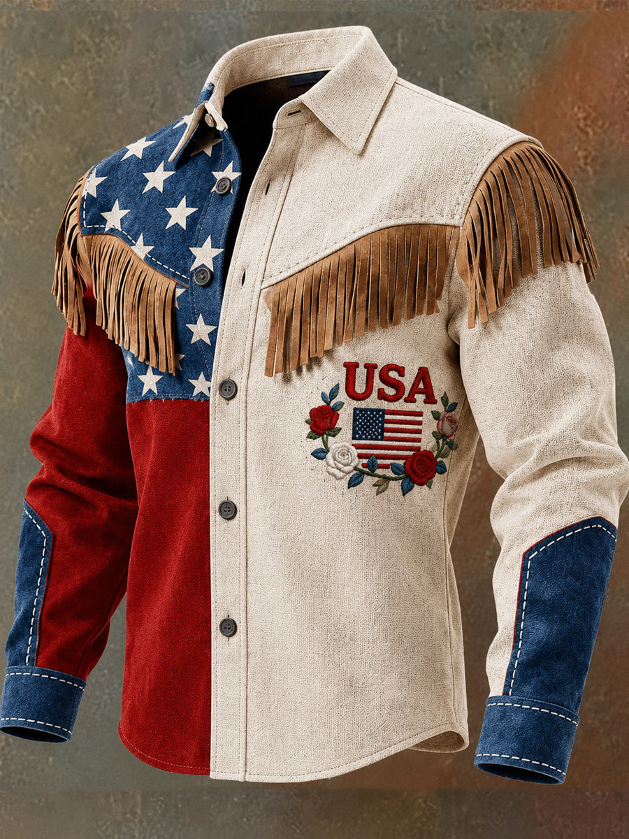 Men's Retro Style Art Print Western Vintage Tassel Casual Long Sleeve Shirt
